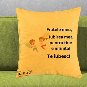 Cadou pentru Frate - Perna Personalizata Fratele Meu Te Iubesc Copii Batalie Perne, 40x40 cm, Galben, Husa Detasabila, Perna Inclusa, BEKZ®