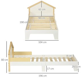 HOMCOM Pat pentru copii - structură pat cu tăblie în formă de casă și somieră cu lamele incluse - 90 x 190 cm- pin masiv alb | Aosom Romania