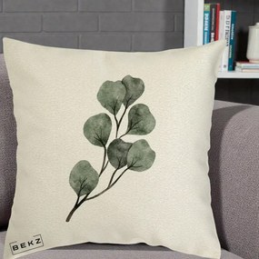 Perna Decorativa Ramura Eucalipt Acuarela, 40x40 cm, Ecru, Husa Detasabila, Perna Inclusa, BEKZ®