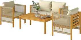 Outsunny Set mobilier de grădină din lemn pentru 4 persoane cu canapea 2 locuri, 2 fotolii, masă, împletitură din frânghie, design cu lamele, perne lavabile | Aosom Romania