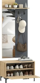 HOMCOM Set garderobă pentru hol, bancă pentru pantofi, oglindă, 3 cârlige, raft deschis, mobilier de hol, Lemn natural+Gri | Aosom Romania