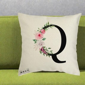 Cadou Personalizat - Perna Personalizata Monograma Florala Litera Q, 40x40 cm, Ecru, Husa Detasabila, Perna Inclusa, BEKZ®