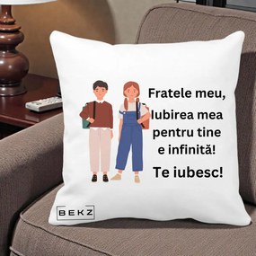 Cadou pentru Frate - Perna Personalizata Fratele Meu Te Iubesc Elevi Ilustratie Colorata, 40x40 cm, Alba Mata, Husa Detasabila, Perna Inclusa, BEKZ®