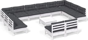 vidaXL Set mobilier de grădină cu perne, 13 piese, alb, lemn masiv pin