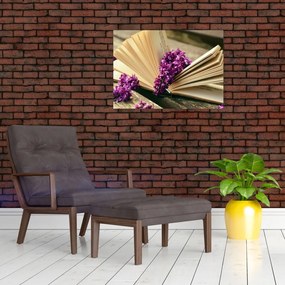 Tablou pe sticlă cu carte și floare violetă (70x50 cm)