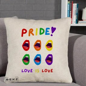 Perna Personalizata Pride Love is Love Curcubeu, 40x40 cm, Bej Canapea, Husa Detasabila, Perna Inclusa, BEKZ®