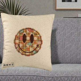 Perna Decorativa Smiley Face de Toamna cu Tartan si Dovlecei, 40x40 cm, Bej, Husa Detasabila, Perna Inclusa, BEKZ®