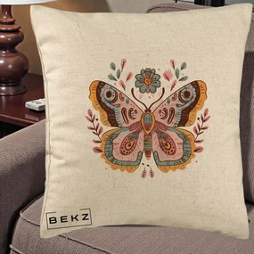 Perna Decorativa Fluture Boho Floral, 40x40 cm, Bej, Husa Detasabila, Perna Inclusa, BEKZ®