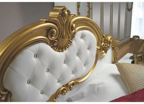 Dormitor Barocco, culoare alb / auriu, cu pat tapitat 160 x 200 cm, dulap cu 6 usi si oglinda, comoda, 2 noptiere (saltea si somiera incluse)