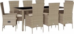 vidaXL Set de masă pentru grădină, 9 piese, cu perne, bej, poliratan