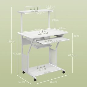 HOMCOM Birou de calculator pe role cu rafturi de depozitare, stație de lucru și suport pentru tastatură, 80x50x130cm, alb | Aosom Romania
