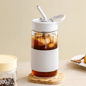 Sticla Buydeem CD1017-OW, 500 ml, Pai incorporat, Rezistenta la scurgeri, Sticla rezistenta la caldura pana la 150°C, Fara BPA, Alb