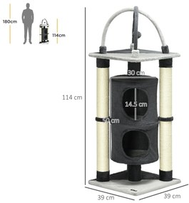 PawHut Turn de Joacă Interior pentru Pisici, cu Jucărie Atașată, 39x39x114cm, Gri Închis | Aosom Romania