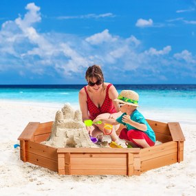 Outsunny Jucarie Plaja si Nisip din Lemn pentru Copii Octogonala cu Scaune si Copertina, Joc de Gradina pentru Copii 3-8 Ani, 139.5x139.5x21.5cm