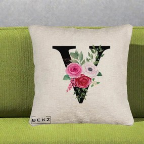 Cadou Personalizat - Perna Personalizata Monograma Florala Litera V cu Buchet, 40x40 cm, Bej Canapea, Husa Detasabila, Perna Inclusa, BEKZ®