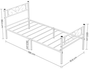 Cadru De Pat Din Metal, De O Persoana, Alb, Dimensiune Saltea 90 X 190 Cm