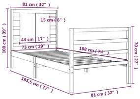 Cadru de pat 2FT6 Small Single, alb, 75x190 cm, lemn masiv pin Alb, 75 x 190 cm