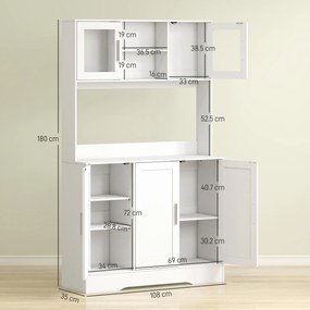 HOMCOM Dulap Bucătărie de 180cm, Dulap Înalt cu 4 Compartimente, Uși din Sticlă Securizată, 2 Rafturi Deschise, Rafturi Reglabile, Blat pentru Electrocasnice, pentru Bucătărie sau Living, Alb | Aosom Romania