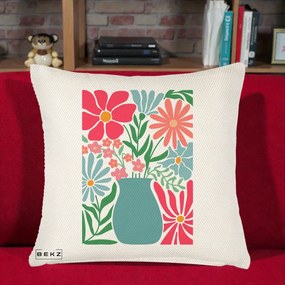 Perna Decorativa Flori in Vaza Turcoaz, 40x40 cm, Crem Reliefat, Husa Detasabila, Perna Inclusa, BEKZ®