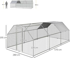 PawHut Țarc Găini Metal Ușă Acoperiș Parțial Spațiu Generos 280x570x195cm Argintiu | Aosom Romania