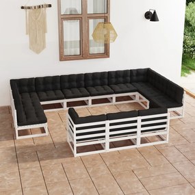 3077285 vidaXL Set mobilier grădină perne, 13 piese, alb, lemn masiv pin