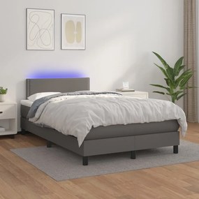 vidaXL Pat cu arcuri, saltea și LED, gri, 120x200 cm, piele ecologică