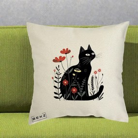 Perna Decorativa Pisica Neagra Flori Rosii Folk, 40x40 cm, Ecru, Husa Detasabila, Perna Inclusa, BEKZ®