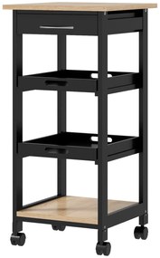 HOMCOM Cărucior de servire pentru bucătărie pe roți, 2 tăvi detașabile, sertar, raft, stejar deschis, lemn de pin, negru | Aosom Romania