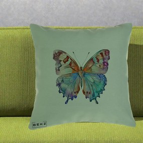 Perna Decorativa Fluture Acuarela Multicolor Portocaliu-Bleu-Mov, 40x40 cm, Verde, Husa Detasabila, Perna Inclusa, BEKZ®