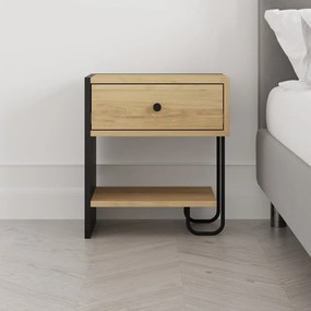 Noptieră neagră/în culoare naturală cu rafturi cu aspect de lemn de stejar Saturne – Marckeric