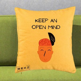 Perna Decorativa Keep An Open Mind, 40x40 cm, Galben, Husa Detasabila, Perna Inclusa, BEKZ®