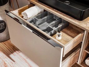 Set MOBILIER BAIE SUSPENDAT Santander TAUPE 80 CM, GRI LUT LUCIOS, CU EXTENSIE MASCA LAVOAR SI EXTENSIE DULAPIOR OGLINDA