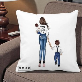 Cadou pentru Mama - Perna Personalizata Mom of Boys Mama cu Baietii, 40x40 cm, Alba Mata, Husa Detasabila, Perna Inclusa, BEKZ®