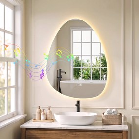 HOMCOM Oglindă de baie cu LED, 3 culori, 50x70 cm, neregulată, Bluetooth, anti-aburire, touch | Aosom Romania
