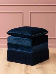 Taburet din catifea albastru închis, formă rotunjită, cu franjuri decorative și pernă, 42×42×50 cm, „Costanza"