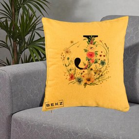 Cadou Personalizat - Perna Personalizata Monogram Litera J cu Flori Acuarela, 40x40 cm, Galben, Husa Detasabila, Perna Inclusa, BEKZ®
