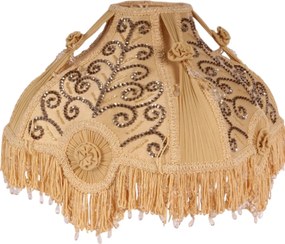 Abajur victorian din textil lucrat manual, galben, cu broderie cu paiete, rozete, franjuri și mărgele, 28 x 32 cm, „Mimosa”