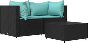 vidaXL Set mobilier de grădină cu perne, 3 piese, negru, poliratan