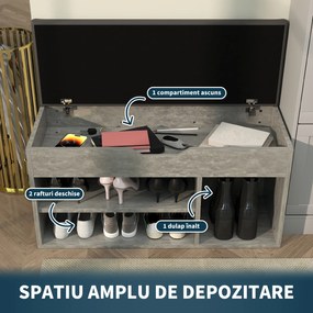 HOMCOM Bancă pentru Încălțăminte cu 3 Rafturi Deschise, Spațiu Ascuns și Pernă Capitonată, 80x30x45 cm, Gri | Aosom Romania