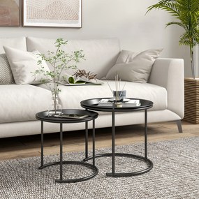 HOMCOM Set 2 Măsuțe de Cafea Suprapozabile, Măsuțe Joase Rotunde cu Tavă Detașabilă din Oțel, Ø 43x38 cm,  Negru | Aosom Romania