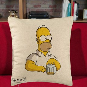 Perna Personalizata Homer Simpson cu Bere, 40x40 cm, Bej, Husa Detasabila, Perna Inclusa, BEKZ®