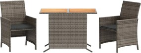 vidaXL Set bistro de grădină cu perne, 3 piese, gri, poliratan