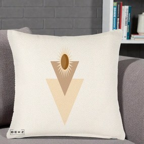 Perna Decorativa Boho Sun cu Triunghiuri Bej si Oval Solar, 40x40 cm, Crem Reliefat, Husa Detasabila, Perna Inclusa, BEKZ®