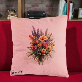 Perna Decorativa Buchet Mixt Acuarela Lavanda-Trandafiri, 40x40 cm, Roz, Husa Detasabila, Perna Inclusa, BEKZ®