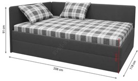 Pat tapițat ARLY 110x200 cm, cu tăblie reversibilă stânga/dreapta, antracit/alb