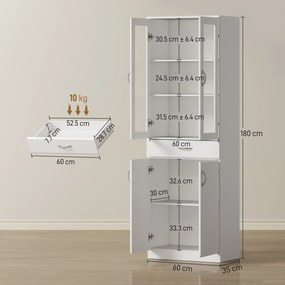 HOMCOM Dulap de Bucătărie Înalt 180 cm cu Uși din Sticlă Soft-Close, Sertar și 2 Dulapuri, Polițe Reglabile, Alb | Aosom Romania