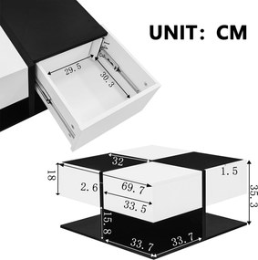 Masă de cafea cu 2 sertare, masă pătrată de living cu spațiu de depozitare, 70x70x35,5 cm, Negru+Alb