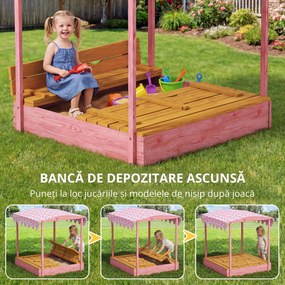 AIYAPLAY Ladă de Nisip pentru Copii 3-6 Ani cu Acoperiș cu Flamingo, Scaune Pliabile, Capac și Husă Incluse, Ladă de Joacă din Lemn de Brad, 134,5x127,5x130 cm, Roz | Aosom Romania