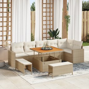 vidaXL Set de canapele de grădină cu 9 piese, perne incluse, bej, din rattan sintetic, acacia.