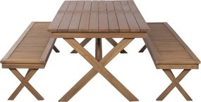 Set dining exterior din lemn masiv de tec, masă și 2 bănci, finisaj natural, „Marino”